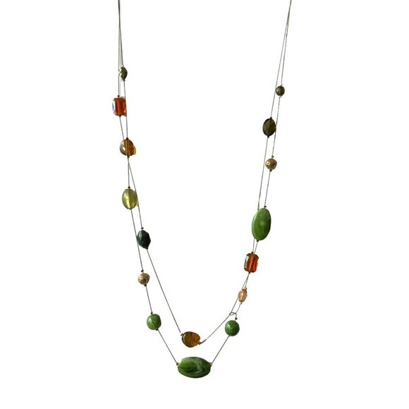 Double Strand Necklace Natural Stone Serpentine Aura Quartz Mixed Beaded - Picture 2 of 3